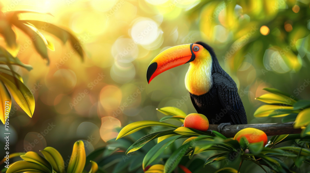 Fototapeta premium A realistic toucan perched on a branch during the golden hour, with sunlight filtering through lush leaves.