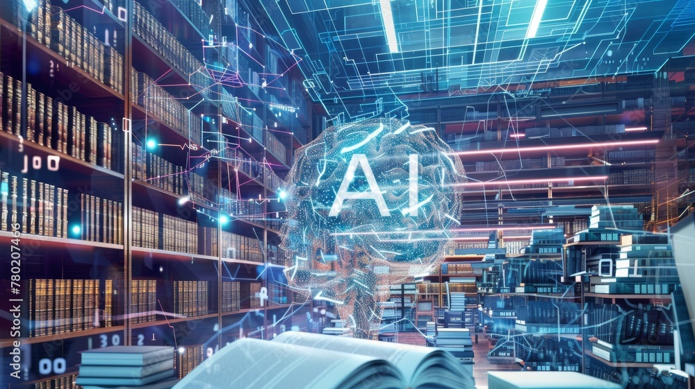 AI gathering knowledge from diverse sources, depicted as a network of interconnected libraries, databases, and virtual books.