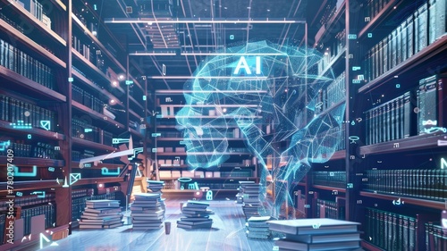 AI knowledge, depicted as a network of libraries, databases, and virtual books. photo