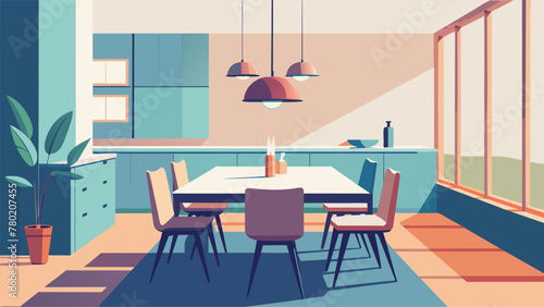 A basic yet highly functional dining room with a sy table and functional chairs allows for easy meal prep and comfortable seating for all.