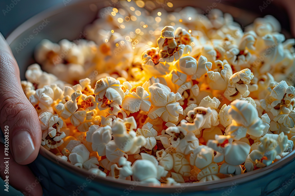 Unrecognizable human hand holding popcorn bowl. Generative AI. Unrecognizable human hand holding popcorn bowl. Generative AI.