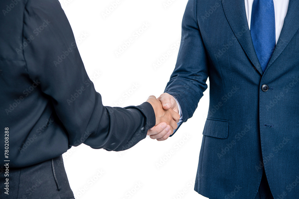 businesspeople improve cooperation with supplier. Deep cooperation. business man woman handshaking for successful cooperation isolated on white. business relationship. business cooperation success