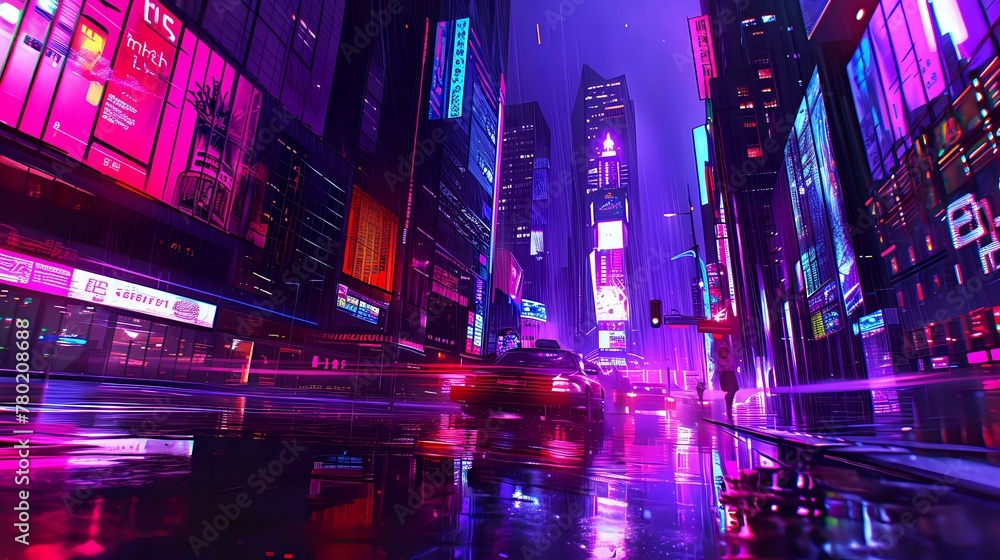 Neon Nightscape: Futuristic Urban Odyssey./n
