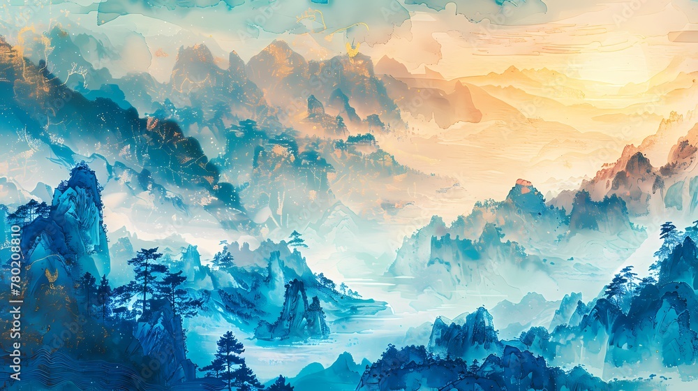 Digital art gold blues sunrise landscape painting poster background