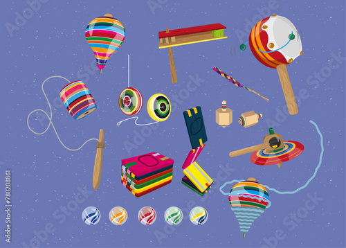 Vector illustration of typical Mexican toys. Mexican tradition. yoyo, balero, wooden toys,
Handmade Mexican toys, trompo, yoyo, matraca, canicas