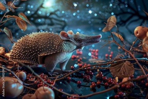 Fairy armadillo amidst floating berries, starry night, wide view, magical foraging photo