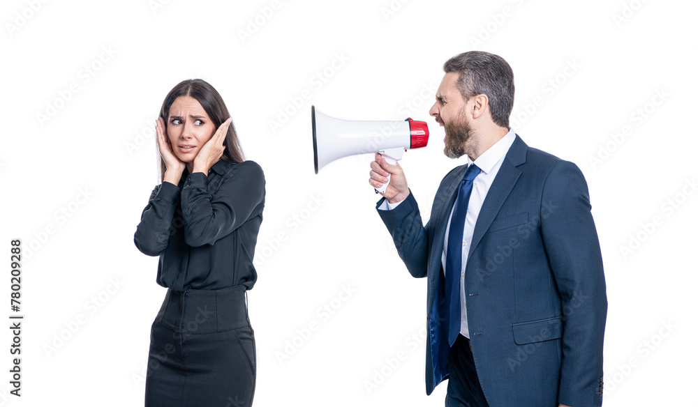 businessman solving conflict. Shifting blame. business conflict. businessman shouting on employee in loudspeaker isolated on white. business man has conflict with partner about promotion businessman solving conflict. Shifting blame. business conflict. businessman shouting on employee in loudspeaker isolated on white. business man has conflict with partner about promotion