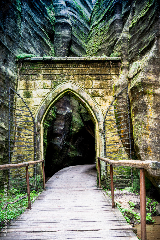 Wooden Walkway Leading to Tunnel in Adrspach Teplice Rock Formation