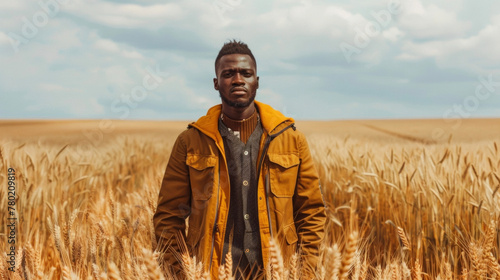 A trendy black man poses amidst a field of golden wheat his ensemble a perfect fusion of contemporary streetwear and natural elements showcasing the limitless possibilities when nature .