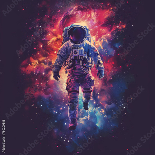 An astronaut in a space suit hovers amidst a vivid cosmic nebula, symbolizing exploration and the unknown.