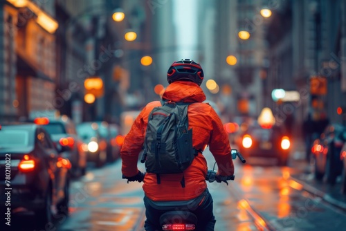 Urban Cyclist on City Street at Dusk Amidst Traffic
