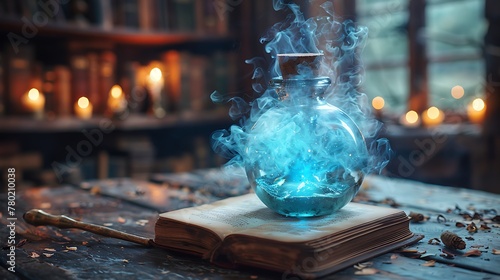 Blue Potion spell bottles with magic book and wand fantasy magic illustration photo