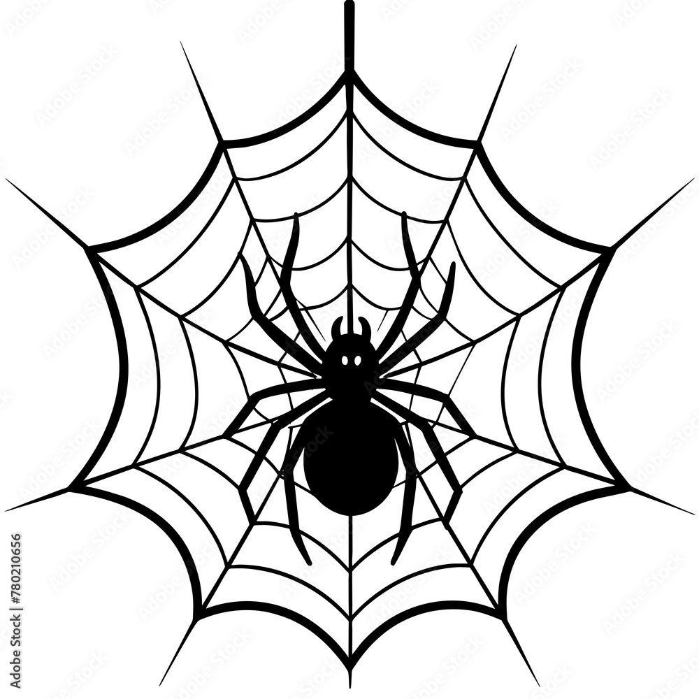 Obraz premium spider on web, black spider on web silhouette vector illustration,icon,svg,spider characters,Holiday t shirt,Hand drawn trendy Vector illustration,web on a white background