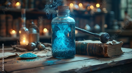 Blue Potion spell bottles with magic book and wand fantasy magic illustration
