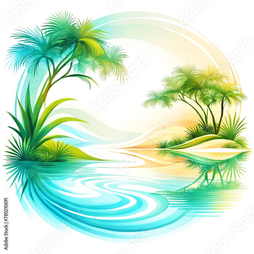 A beautiful tropical scene with a body of water, possibly a river or a lake, surrounded by lush green palm trees.