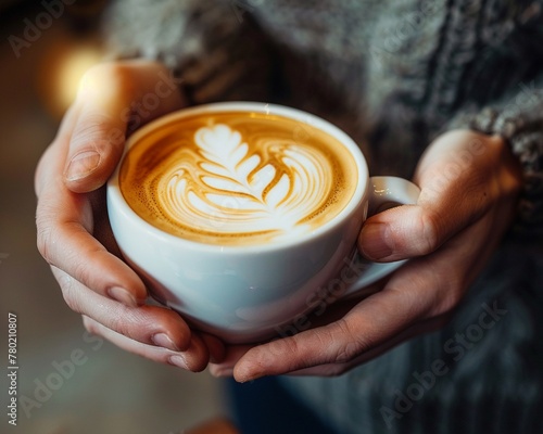 Baristas hands crafting latte art, cozy cafe light, closeup, artisanal coffee making , vibrant color photo