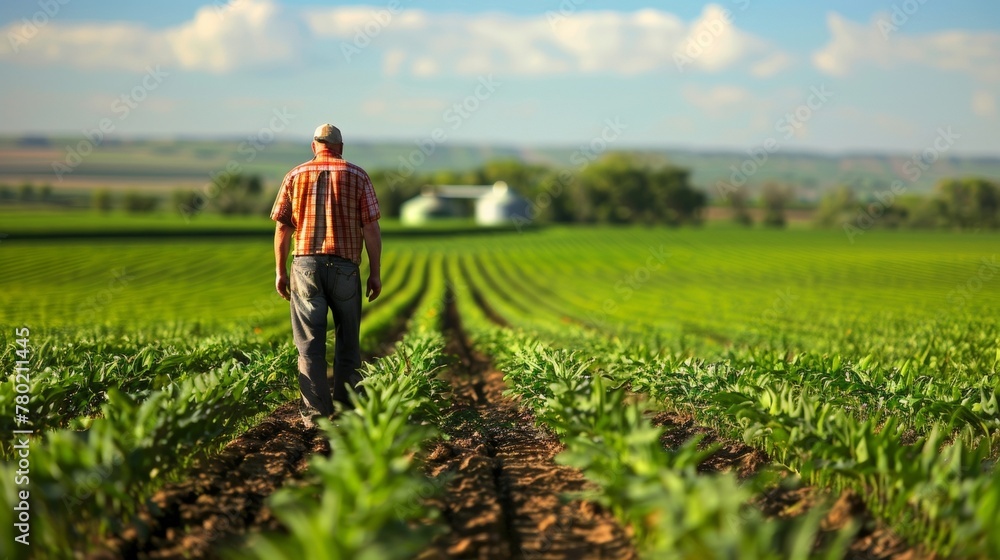 A farmer is seen tending to a vast field of sustainable crops that are used for biofuel production. In the background a massive carbon capture system can be seen blending in seamlessly .