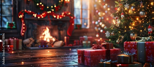 Gift-wrapped Christmas presents are placed in front of a cozy fireplace beside a beautifully decorated Christmas tree