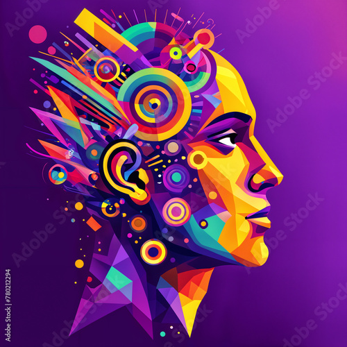 A vibrant digital illustration of a person s head  adorned with various colorful patterns and shapes that resemble a brain or thought process.