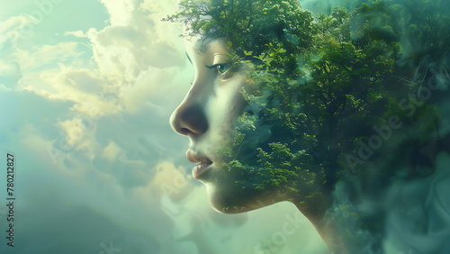 An artistic illustration presents a woman with a tree growing out of her head, symbolizing the tree of life. with generative ai