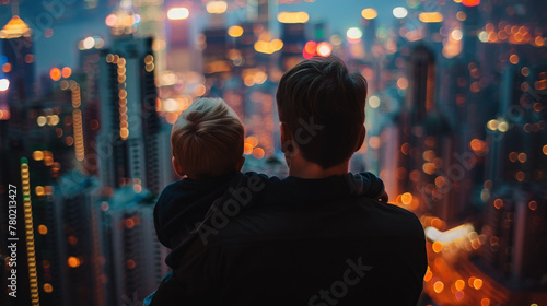 Father holding his son on his shoulders while walking outdoors, Father's Day concept, generative ai © Phichitpon