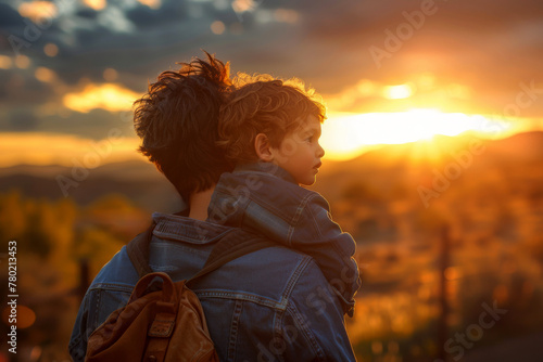 Father holding his son on his shoulders while walking outdoors, Father's Day concept, generative ai photo
