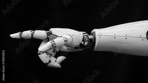 white robot hand pointing on something isolated on black background. generative ai