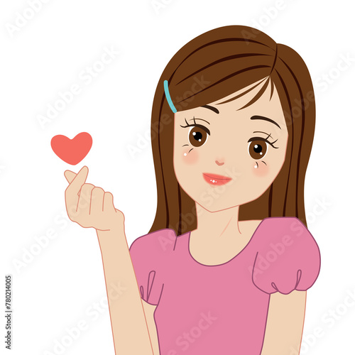 A girl with a pink shirt and a mini heart on her hand smiling, illustration on white background