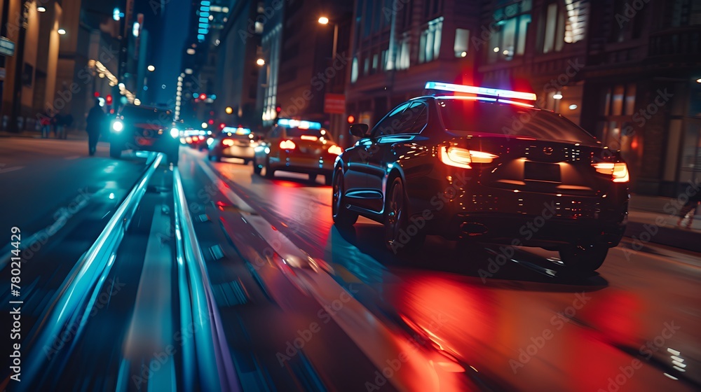 police chase on the criminals streets at night high speed with motion blur photography effect