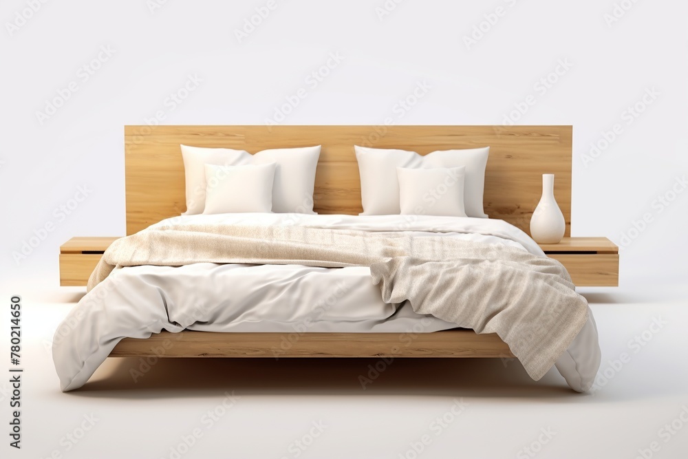 Bed, front view, light wood and white Generative AI