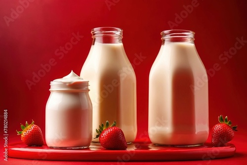 Product packaging mockup photo of Milk or yogurt in a bottle Place it on top of a splash of milk and a red strawberry. , studio advertising photoshoot