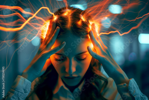 Havana syndrome, woman with migraine or headache holding her head due to pain, . generative Ai