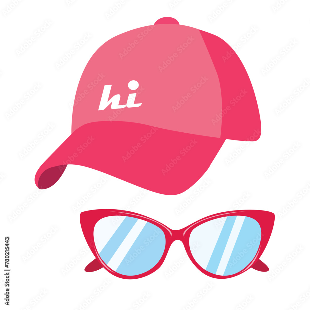 Baseball cap and sunglasses vector set. Hat and sunglasses clipart. Summer element. Cartoon flat vector isolated on white background. Baseball cap and sunglasses vector set. Hat and sunglasses clipart. Summer element. Cartoon flat vector isolated on white background.
