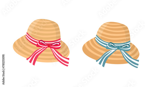 Straw hat with ribbon. Women summer hat vector illustration. Summer element. Cartoon flat vector isolated on white background.