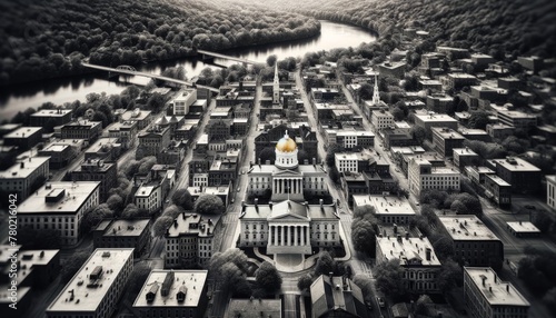 Black and White Aerial Perspective of Vermont's Landscape - The Majestic State House Dome Overlooks a Grid of Tree-Lined Streets, Highlighting the Intersection of Nature and Civilization