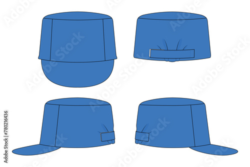 Blank blue factory cap with an adjustable hoop-loop strap back on a white background. Front, back, and side views, vector file. photo
