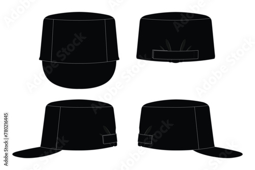 Blank black factory cap with an adjustable hoop-loop strap back on a white background. Front, back, and side views, vector file.