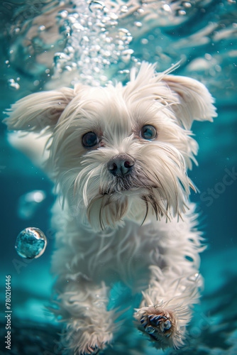 Maltese Dog Swimming Underwater Close-Up