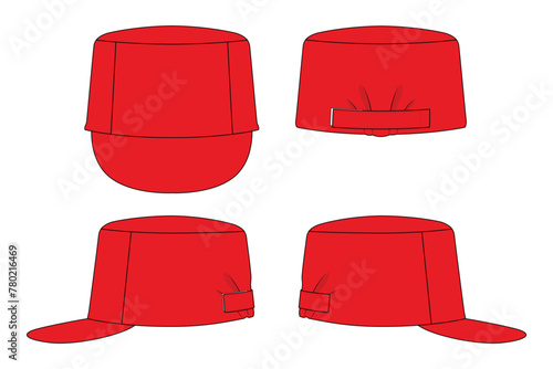 Blank red factory cap with an adjustable hoop-loop strap back on a white background. Front, back, and side views, vector file.
