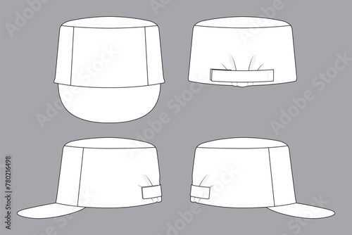 Blank white factory cap with an adjustable hoop-loop strap back on a gray background. Front, back, and side views, vector file. photo