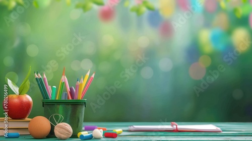 fundo fotográfico do dia do professor retrata uma mesa de sala de aula decorada com lápis, cadernos, livros e flores