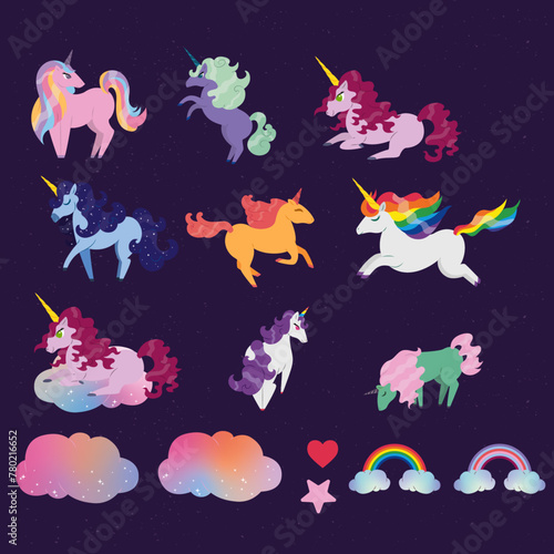 Big set of cute unicorns on white background. Vector illustration Cute unicorns in different poses. For birthday invitations  children s t-shirts  baby shower card.