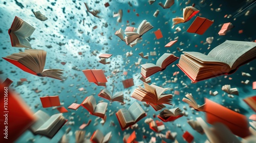 Livros voando pelos céus, representando o poder transformador da educação e o conhecimento que se eleva além das fronteiras photo