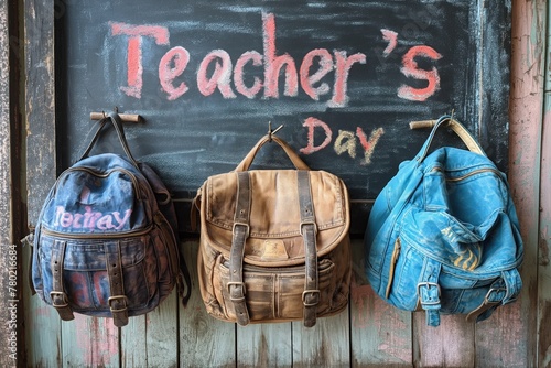 Imagem do dia dos professores, com lousa e mochilas dos alunos. photo