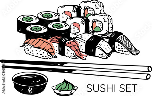 Sushi asian fish food hand drawn vector set with plate chopsticks and soy sauce isolated on white 