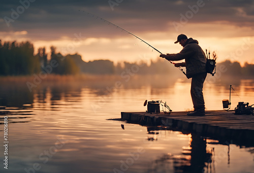 夕方に釣りをする男性