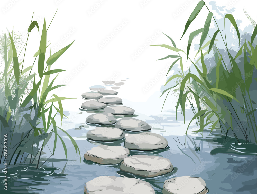 white background, Crossing a shallow river on stepping stones, in the style of animated illustrations, background, text-based
