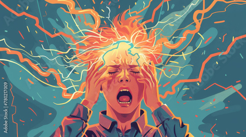 Artistic representation of a woman with a migraine surrounded by abstract elements.