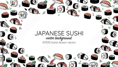 Sushi bar, Japanese food hand drawn vector background