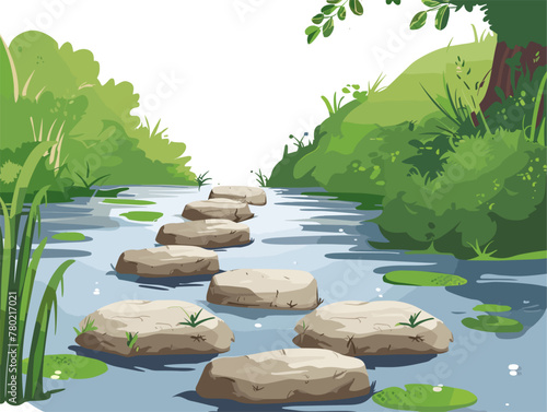 Obraz na płótnie white background, Crossing a shallow river on stepping stones, in the style of animated illustrations, background, text-based w salonie